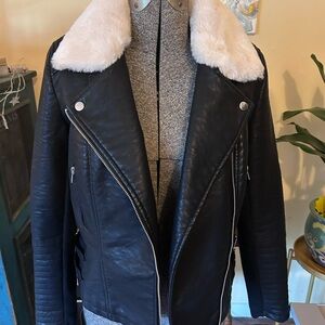 Mark Alan New York Black Faux Leather Jacket with Off White Fur Collar.